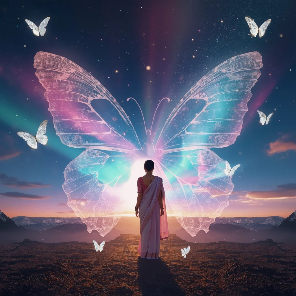 Festive Pastel Saree Aurora Crystal Butterfly Horizon Collage Luxury | South Indian Prompt For Gemini Girl Instagram