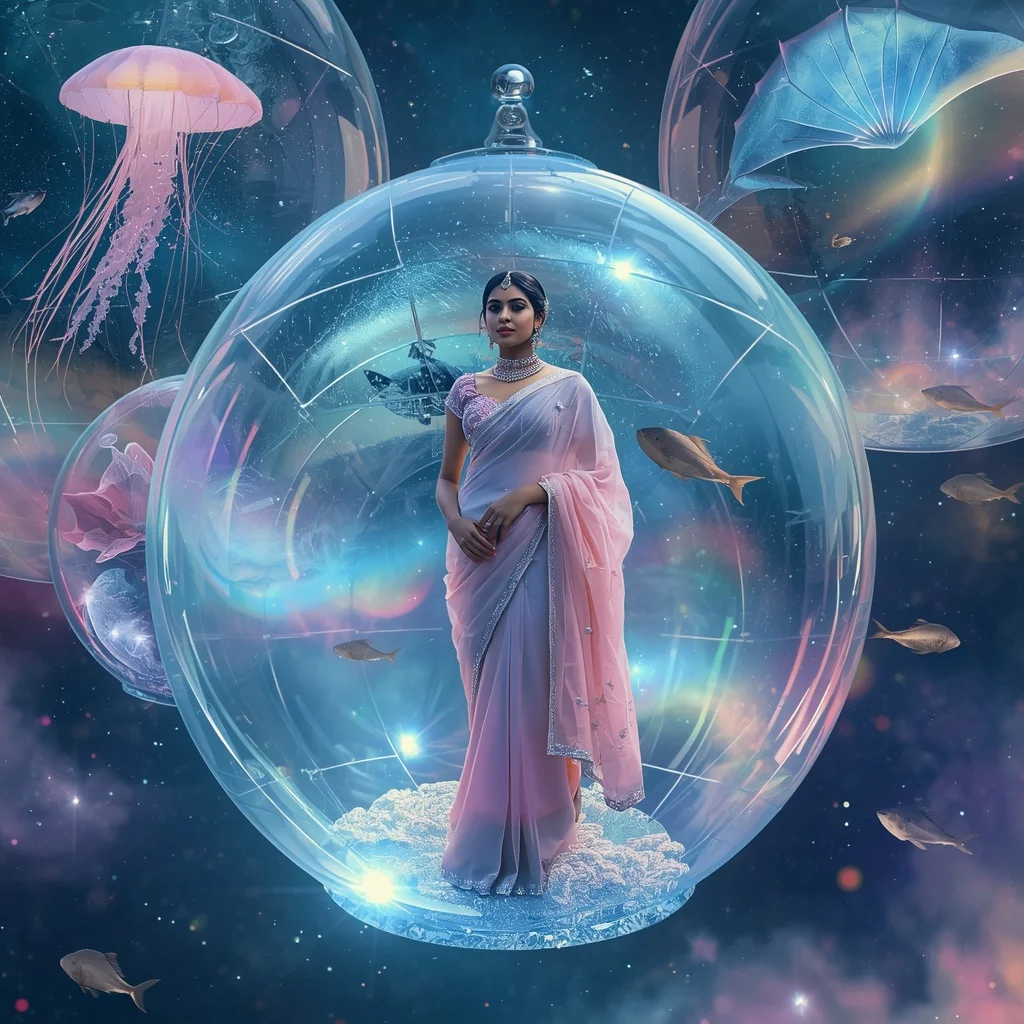 Festive Pastel Saree Aurora Crystal Celestial Aquarium Collage Luxury | Banana Prompts Girls