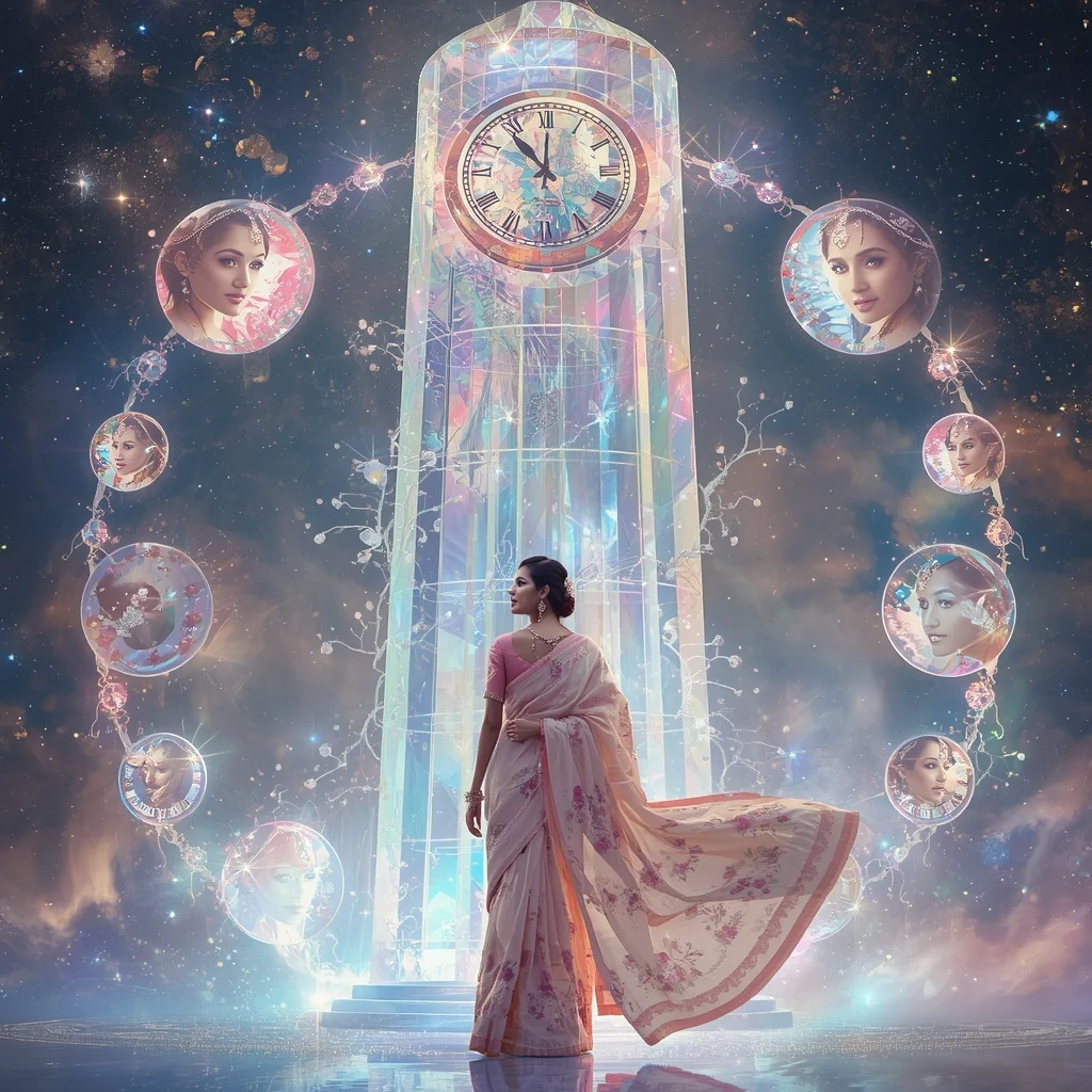 Festive Pastel Saree Aurora Crystal Celestial Clocktower Collage Luxury | Viral Ai Image Prompt