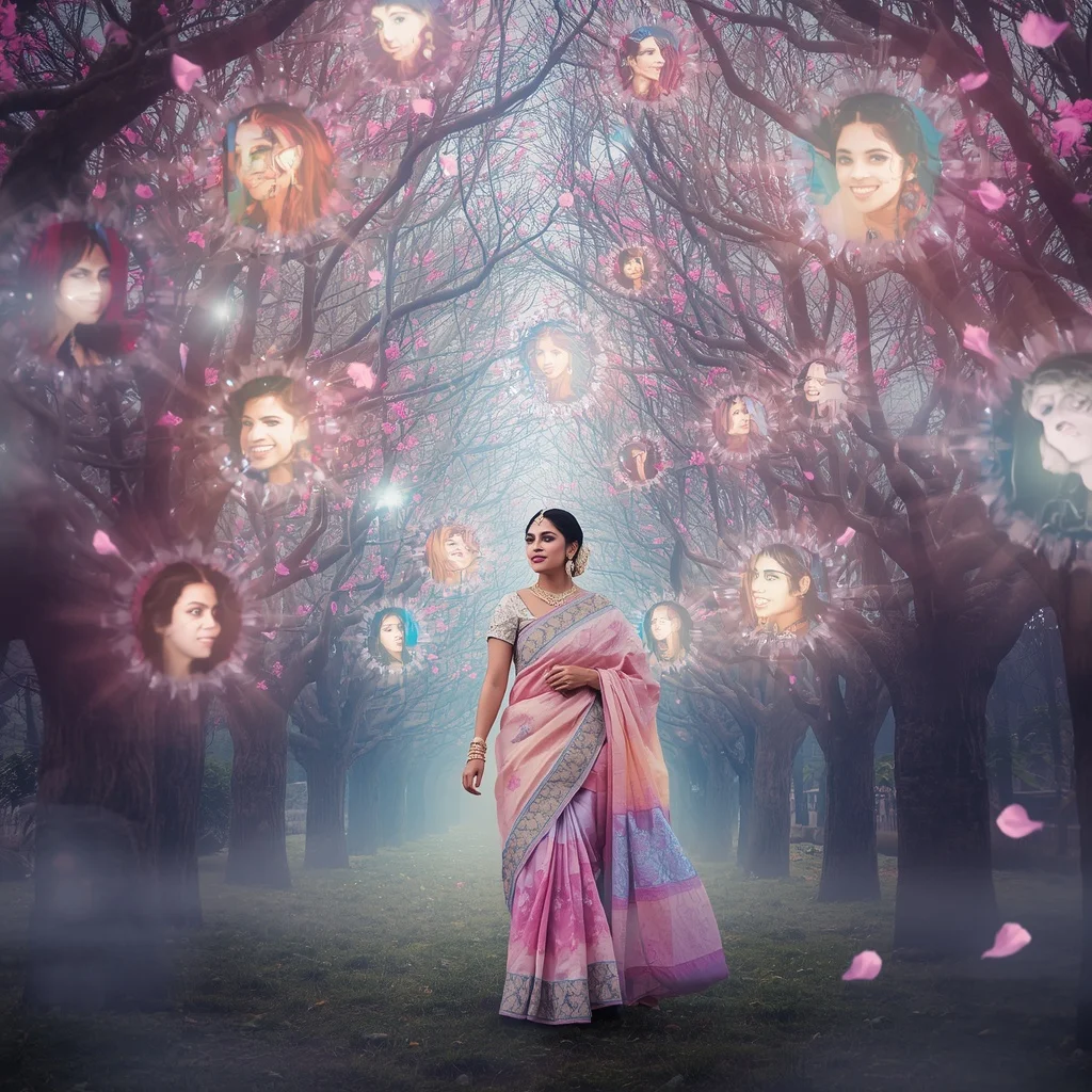Festive Pastel Saree Aurora Crystal Crown Forest Collage Luxury | Festive Prompt