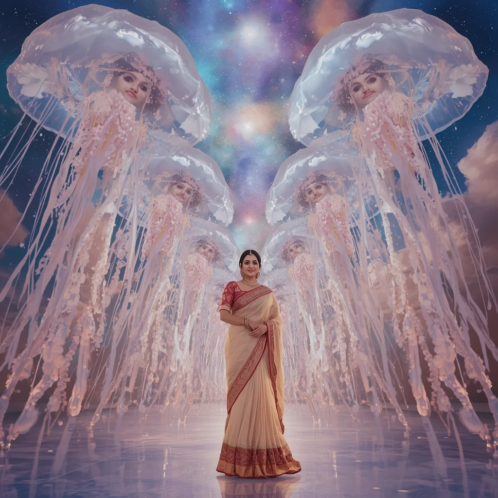 Festive Pastel Saree Aurora Crystal Jellyfish Cathedral Collage Premium | Image Prompt