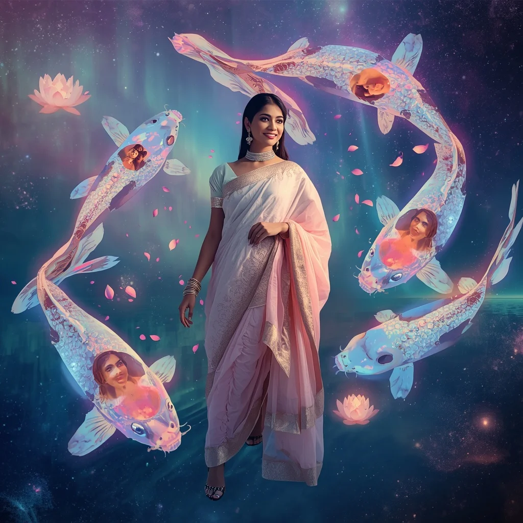 Festive Pastel Saree Aurora Crystal Koi Galaxy Collage Luxury Cinematic | Beautiful Woman Ai Prompt