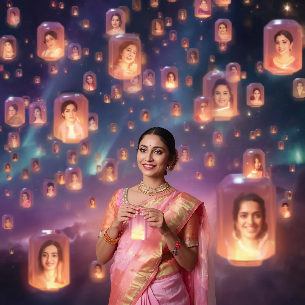Festive Pastel Saree Aurora Crystal Lantern Galaxy Collage Premium | Cinematic Ai Prompt