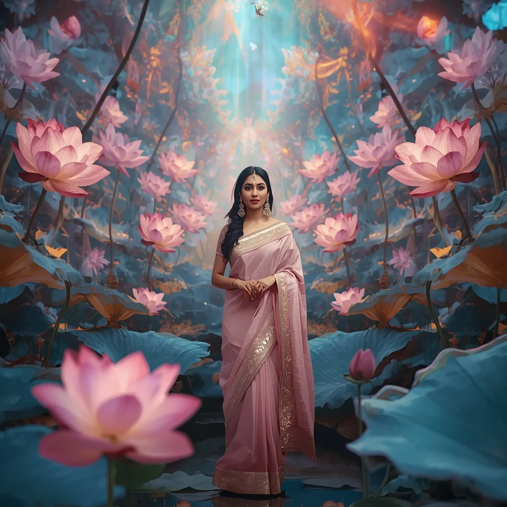 Festive Pastel Saree Aurora Crystal Lotus Kingdom Collage Premium | Trending Prompt Girls Traditional