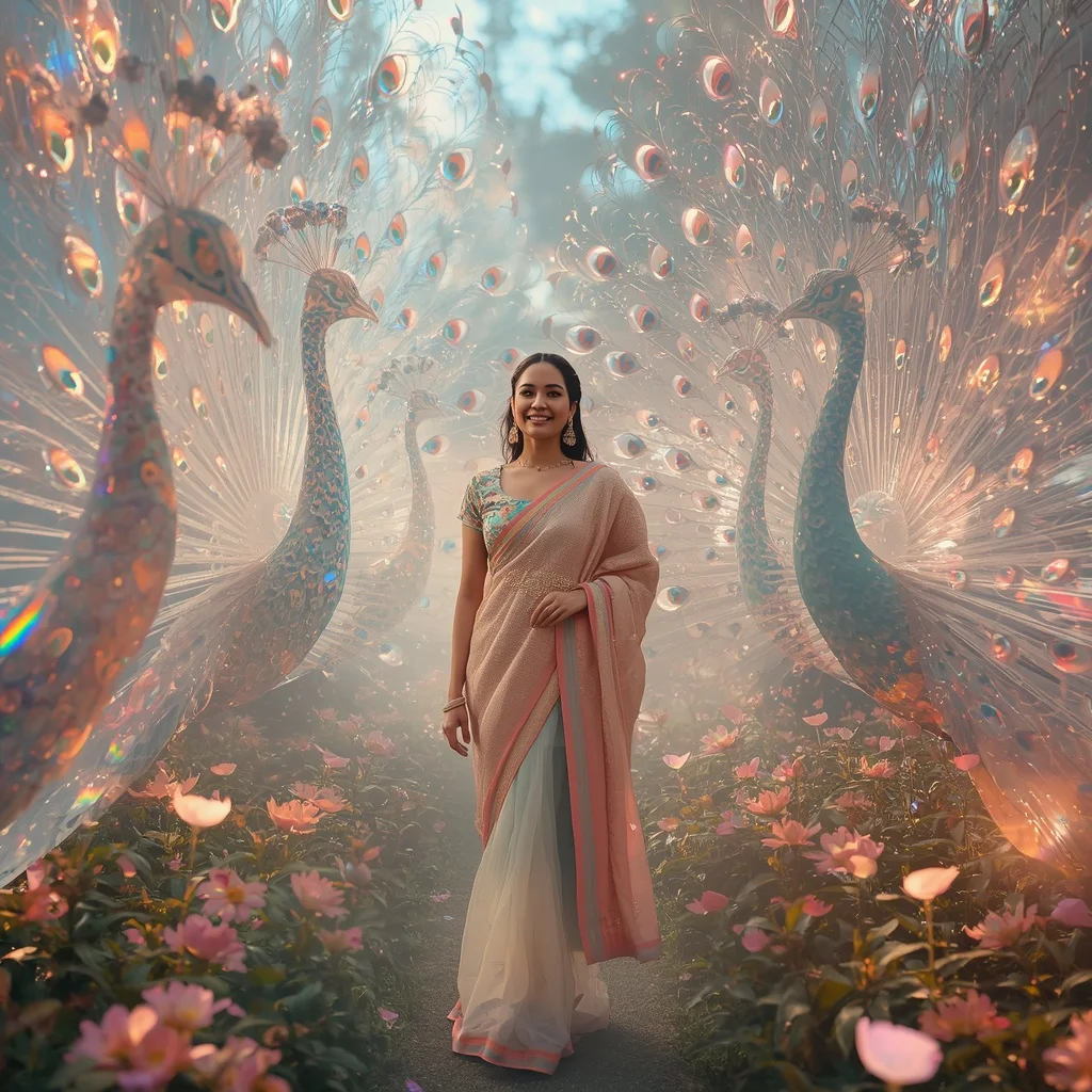 Festive Pastel Saree Aurora Crystal Peacock Garden Collage Luxury | Ai Art Prompt