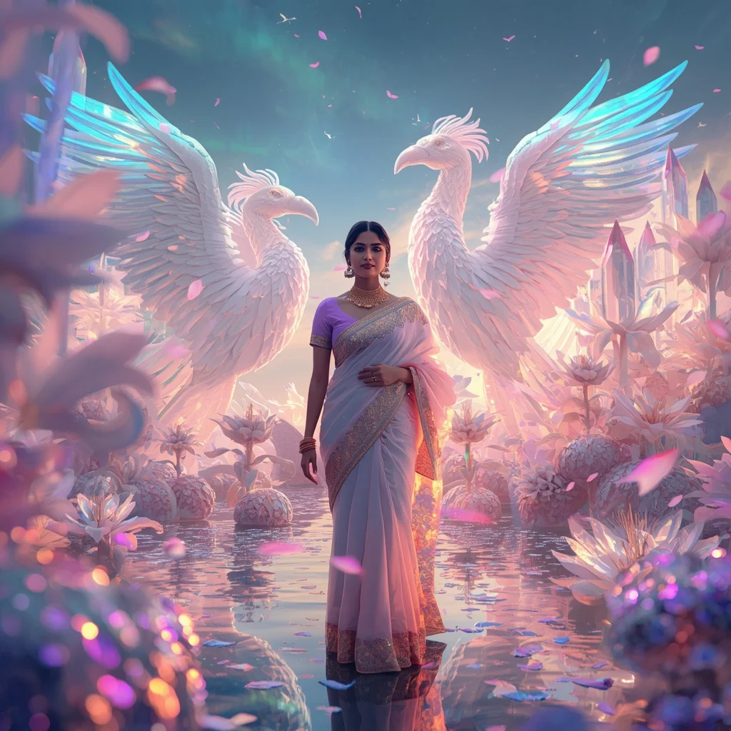 Festive Pastel Saree Aurora Crystal Phoenix Garden Collage Luxury | Trending Prompt Girls Traditional