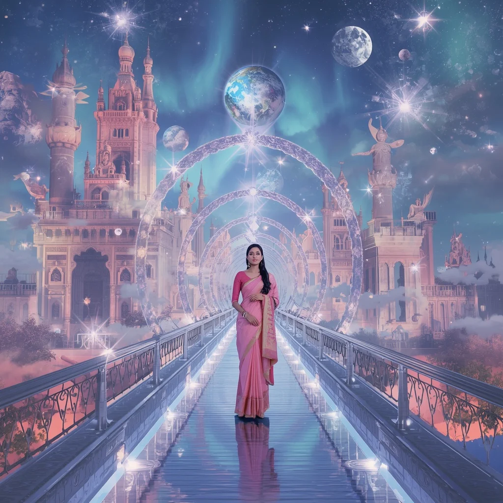 Festive Pastel Saree Aurora Crystal Star Bridge Empire Collage Luxury | Prompt For Traditional Look On Instagram