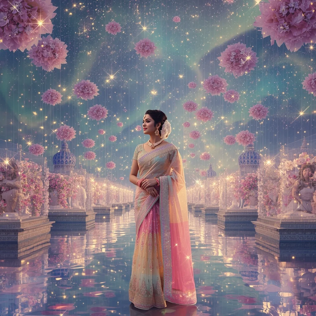 Festive Pastel Saree Aurora Crystal Starfall Kingdom Collage Luxury | Free Ai Prompt