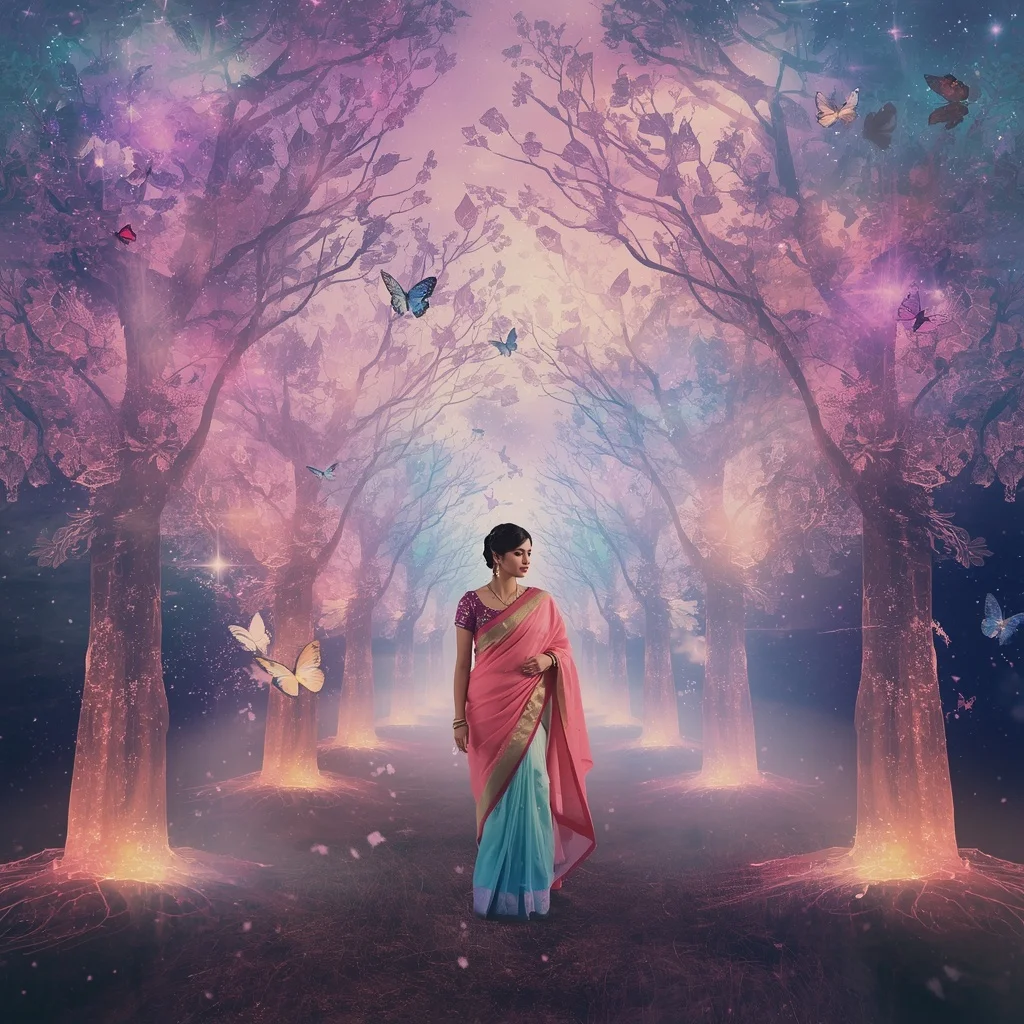 Festive Pastel Saree Aurora Crystal Starlight Forest Collage Luxury | Prompt Seen Trending Girl AI Photo