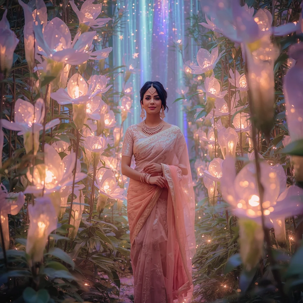 Festive Pastel Saree Aurora Crystal Starlight Garden Premium | Editing Prompt Girl Aesthetic