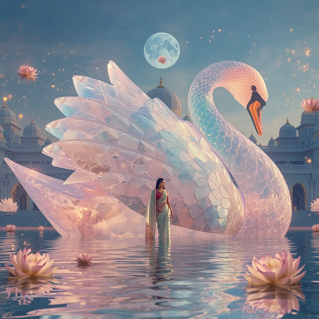 Festive Pastel Saree Aurora Crystal Swan Temple Collage Luxury | Ai Video Generator Prompt