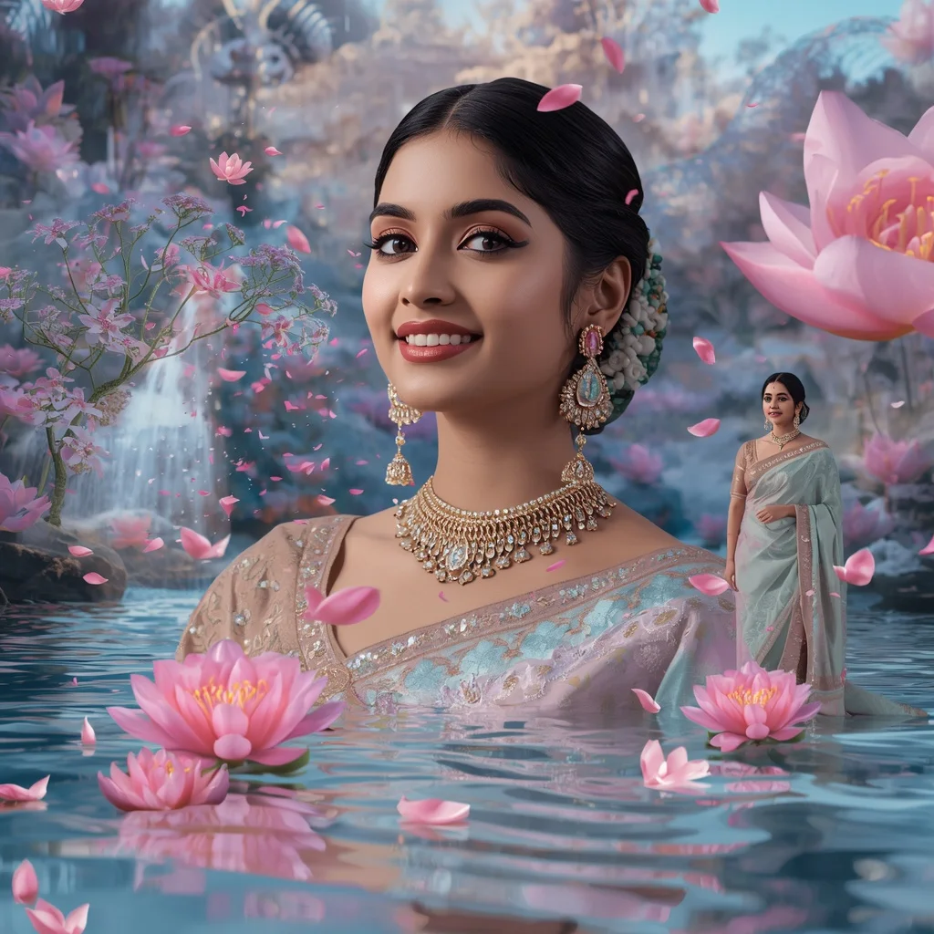 Festive Pastel Saree Aurora Crystal Water Garden Collage Luxury Cinematic | Prompt For Gemini AI Girl Model
