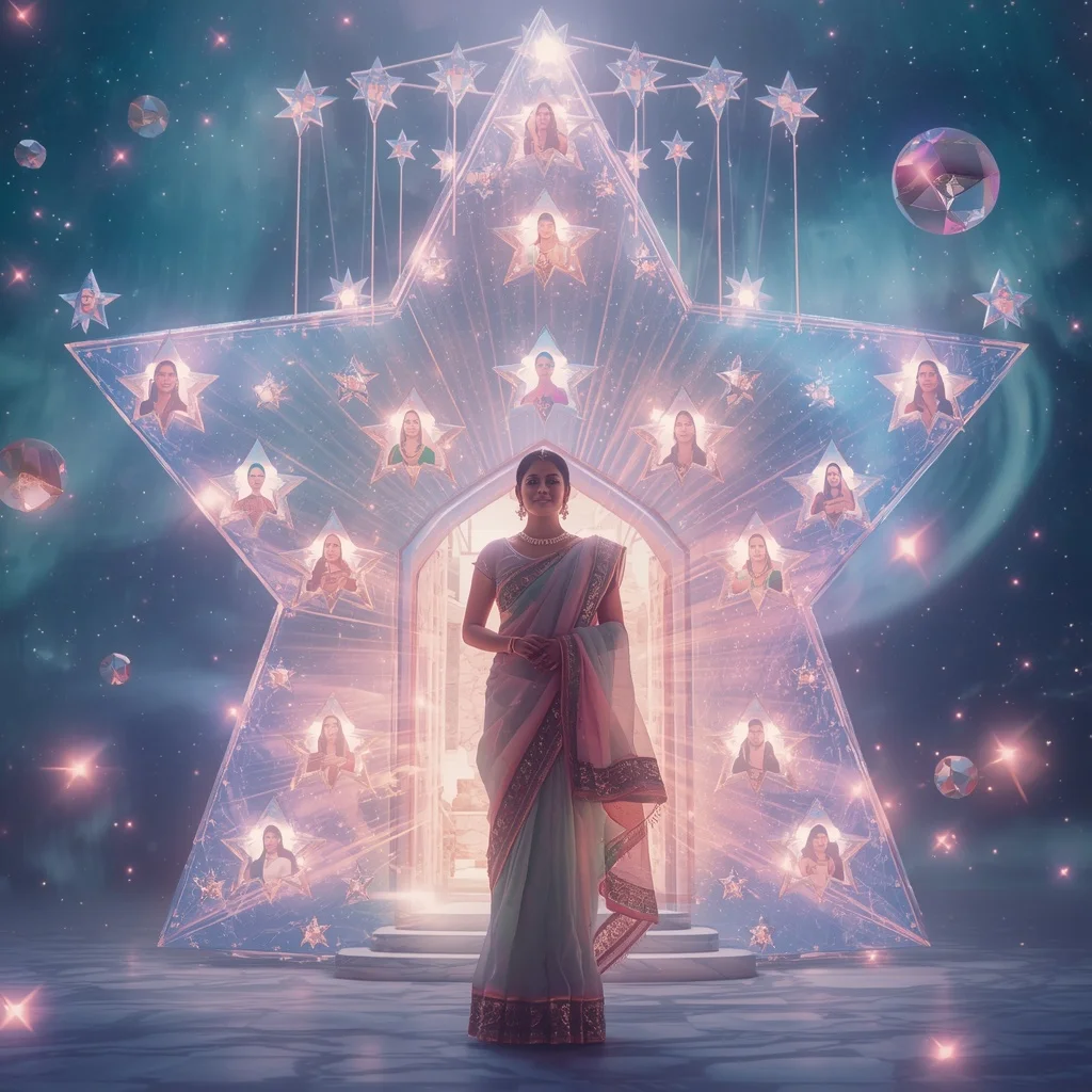 Festive Pastel Saree Aurora Diamond Star Temple Collage Luxury | ChatGPT Photo Editing Prompts Trending Instagram For Girl