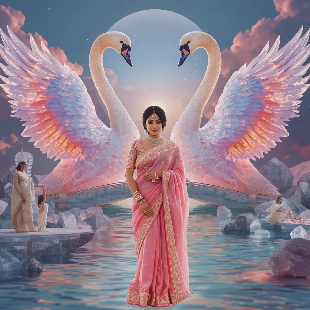 Festive Pastel Saree Aurora Diamond Swan Kingdom Collage Luxury | Banana Prompts Girls