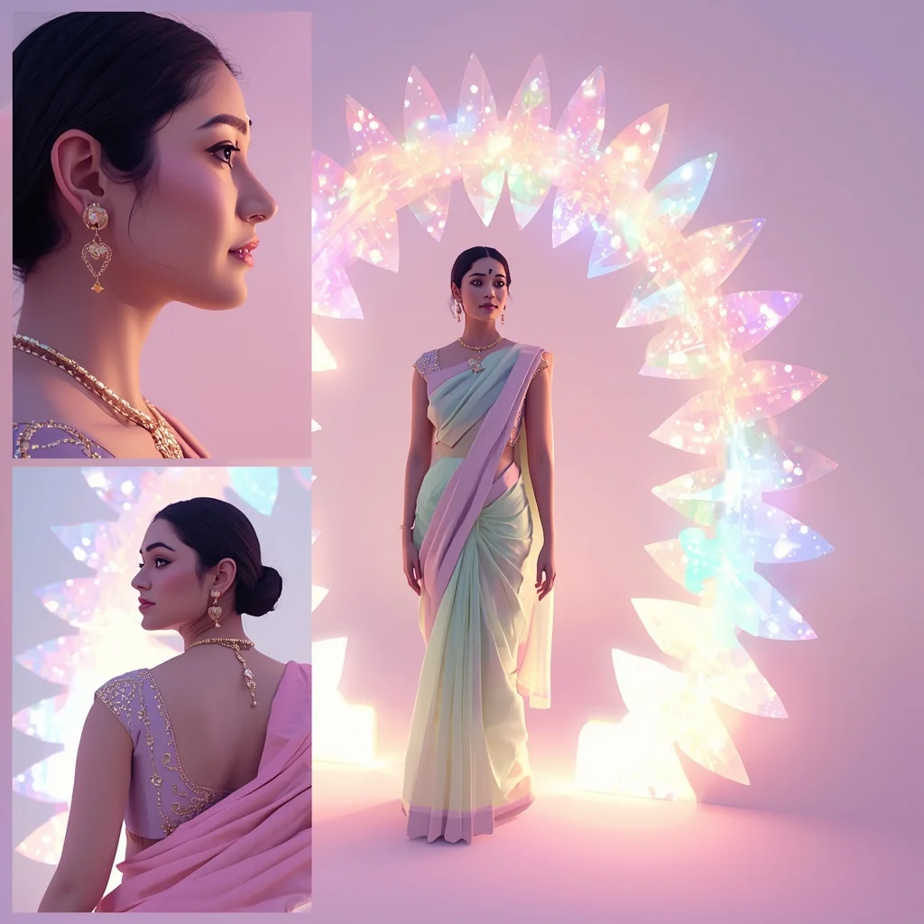 Festive Pastel Saree Aurora Portal Collage | Indian Girl Crystal Glow Aesthetic Soft Cinematic Ultra Realistic Viral Prompt | Saree Prompt For Girls