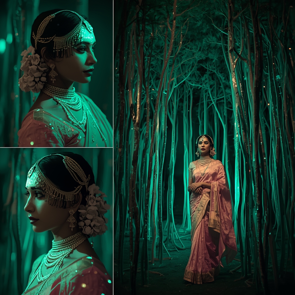 Festive Pastel Saree Bioluminescent Crystal Tree Roots Collage | Luminous Earth Empress Prompt | Saree Prompt