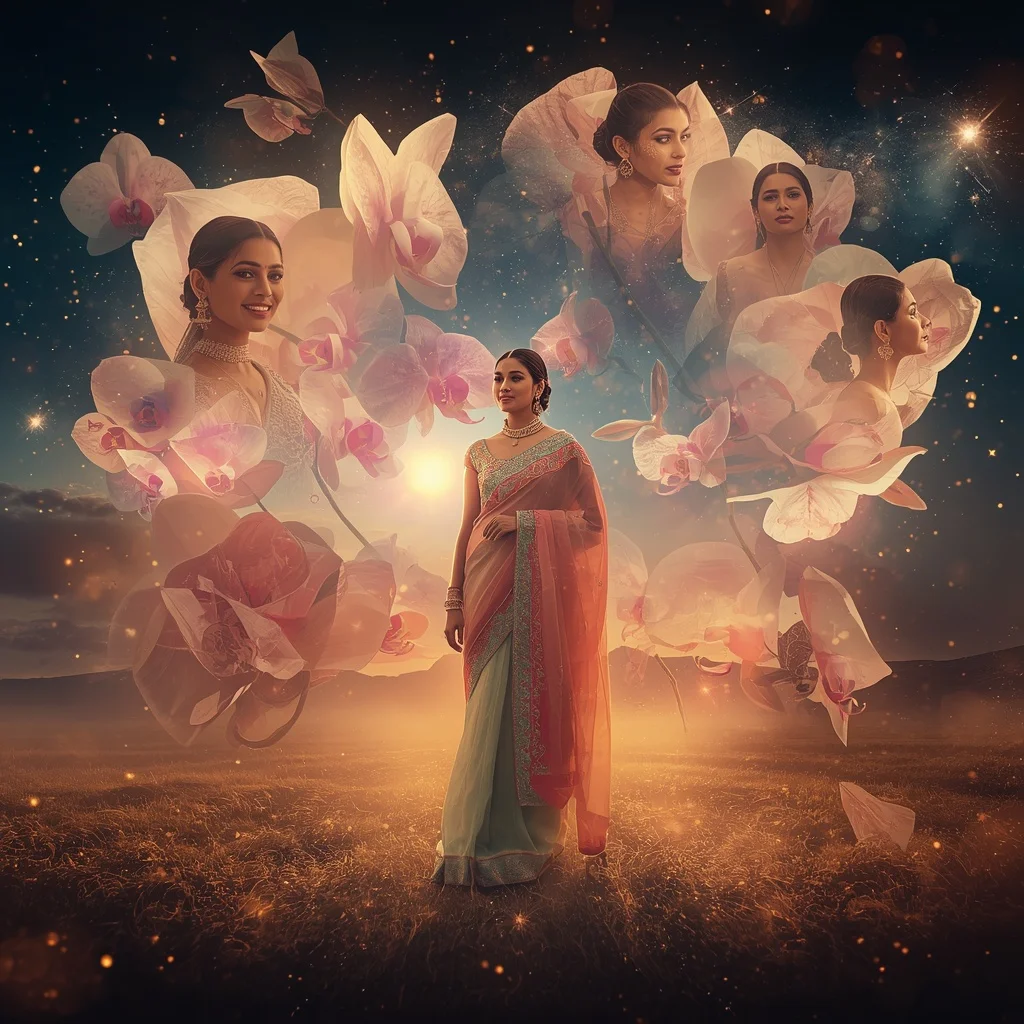 Festive Pastel Saree Blooming Crystal Orchid Universe Collage Cinematic | Prompt For Gemini AI Girl Trending