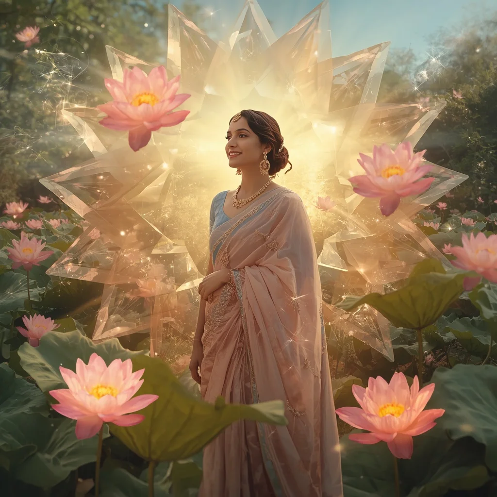 Festive Pastel Saree Blooming Crystal Starlotus Garden Collage Cinematic | Romantic Ai Prompt