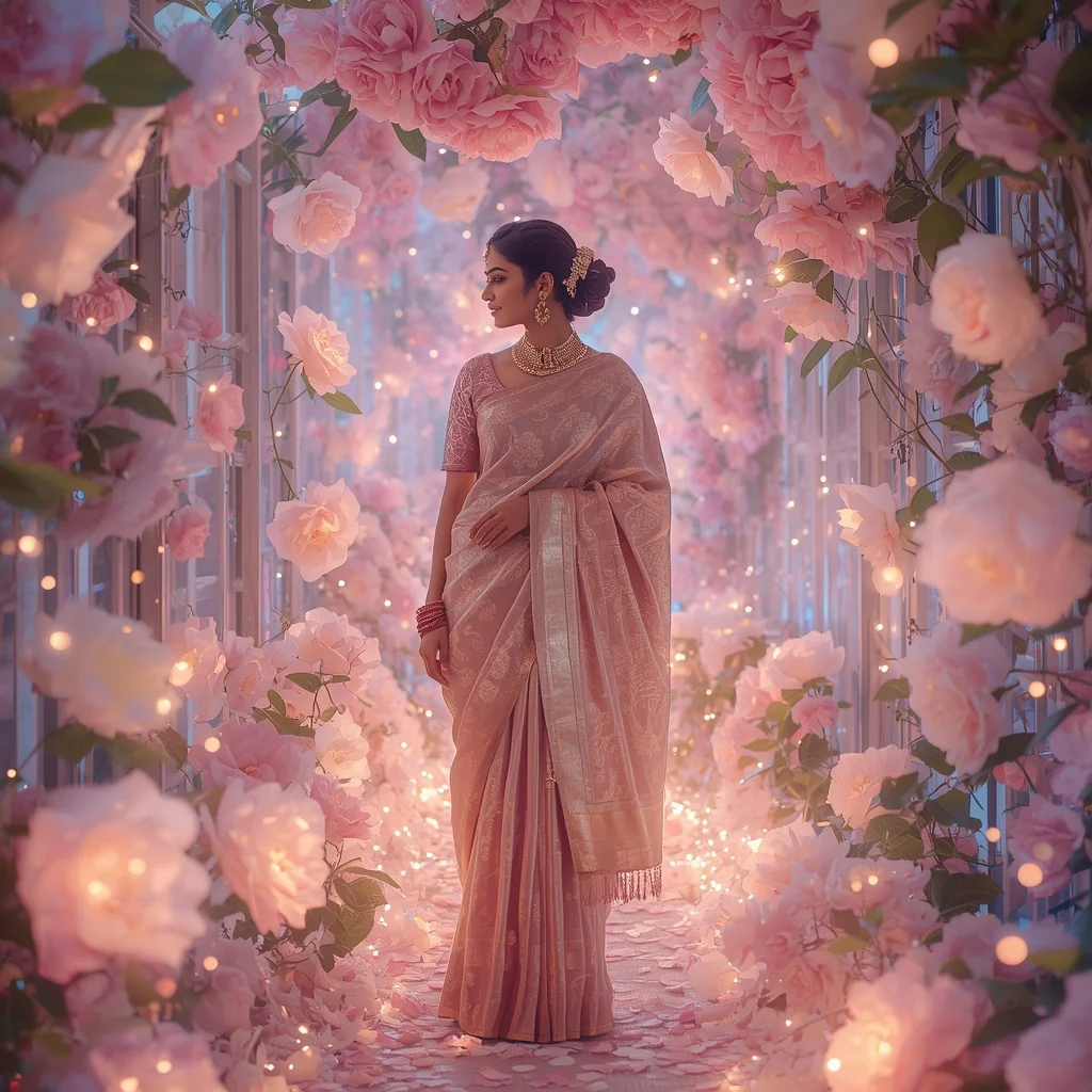 Festive Pastel Saree Celestial Camellia Aurora Crystal Dream Garden Collage Luxury | Secret Ai Prompt