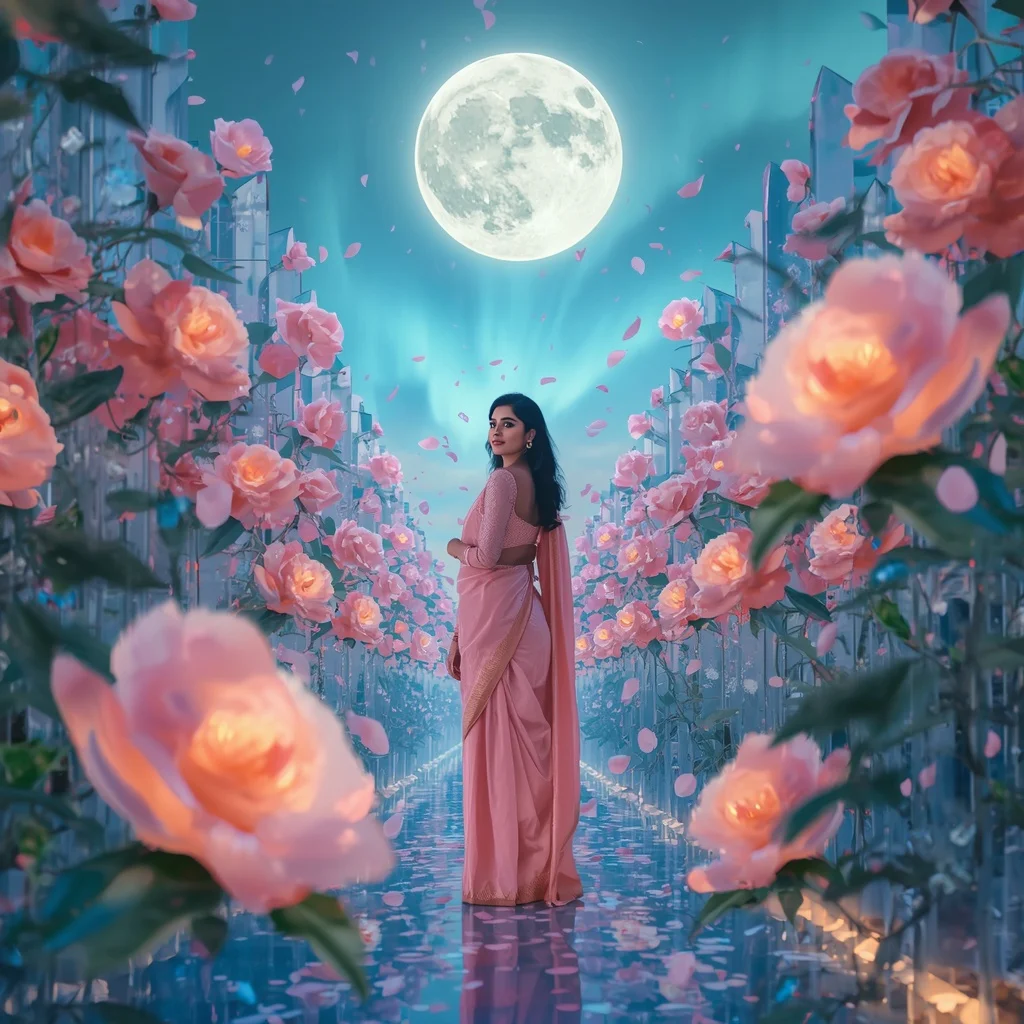 Festive Pastel Saree Celestial Camellia Aurora Crystal Moon Garden Collage Luxury | Ai Prompt For Instagram