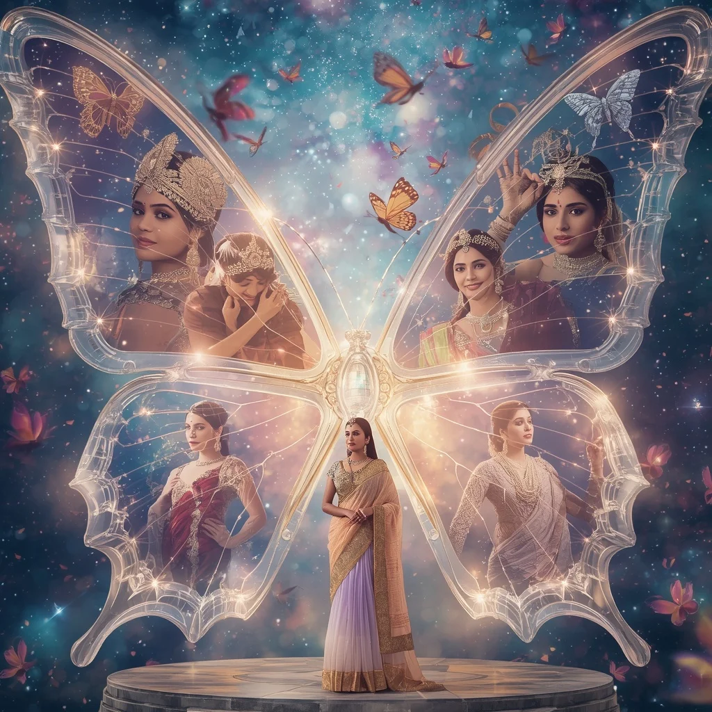 Festive Pastel Saree Celestial Crystal Aurora Butterfly Cathedral Collage Premium Cinematic | Gym Influencer Ai Prompt