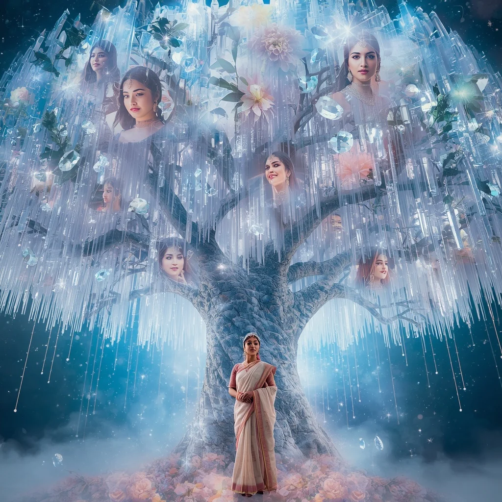 Festive Pastel Saree Celestial Crystal Crowned Tree of Eternity Collage Premium Cinematic | Gemini Prompt