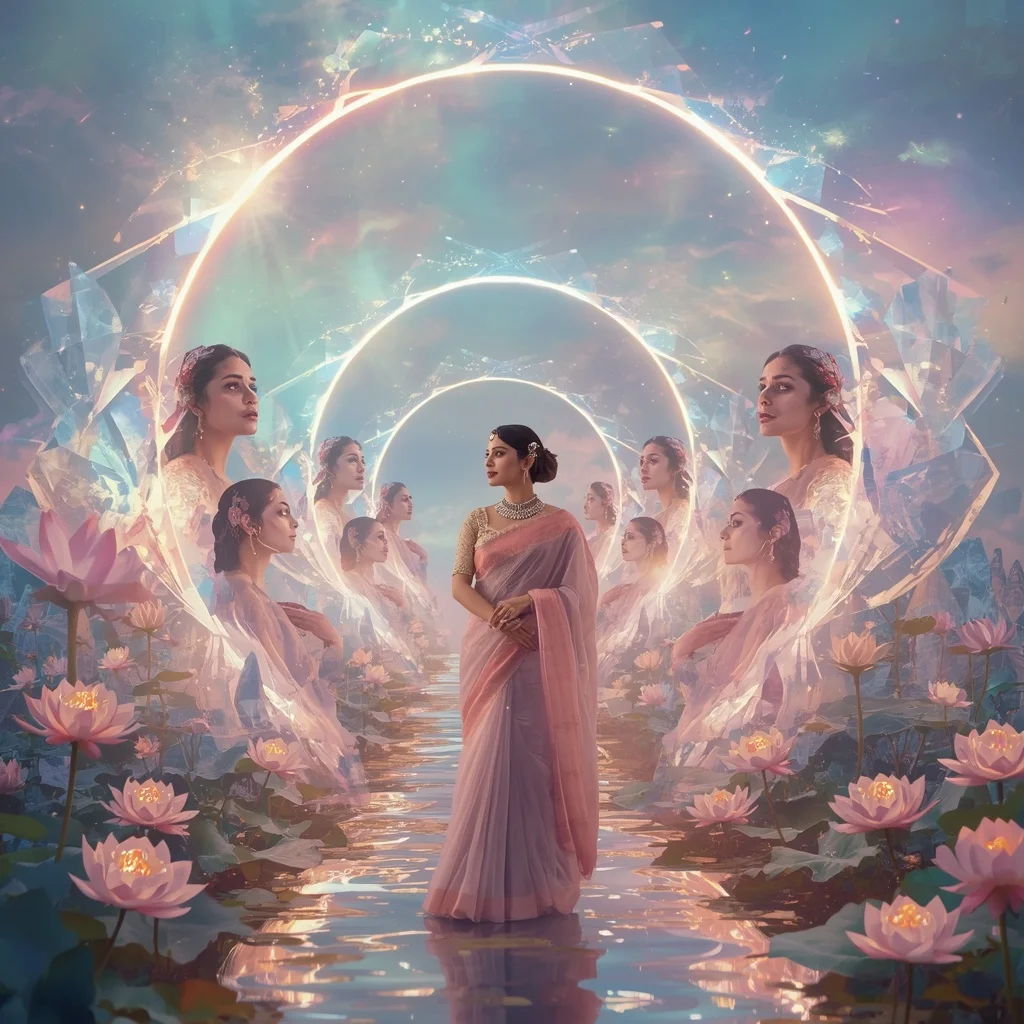 Festive Pastel Saree Celestial Crystal Eclipse Garden Collage Luxury | Prompt Seen Girl Kurti