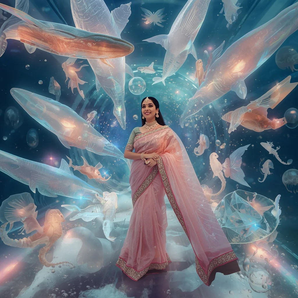 Festive Pastel Saree Celestial Crystal Infinity Aquarium Collage Premium | Ai Prompt For Instagram