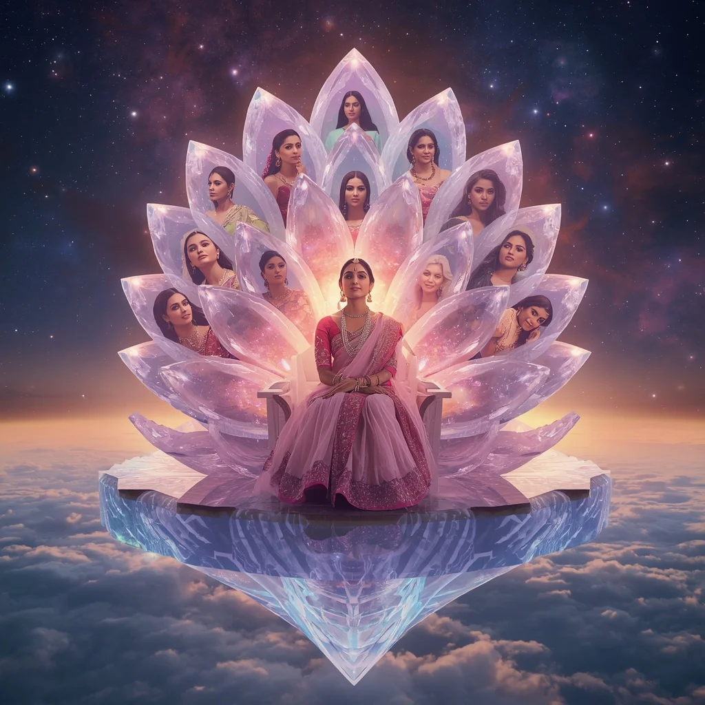 Festive Pastel Saree Celestial Crystal Infinity Lotus Nebula Throne Collage Premium Cinematic | Instagram Photography Ai Prompt