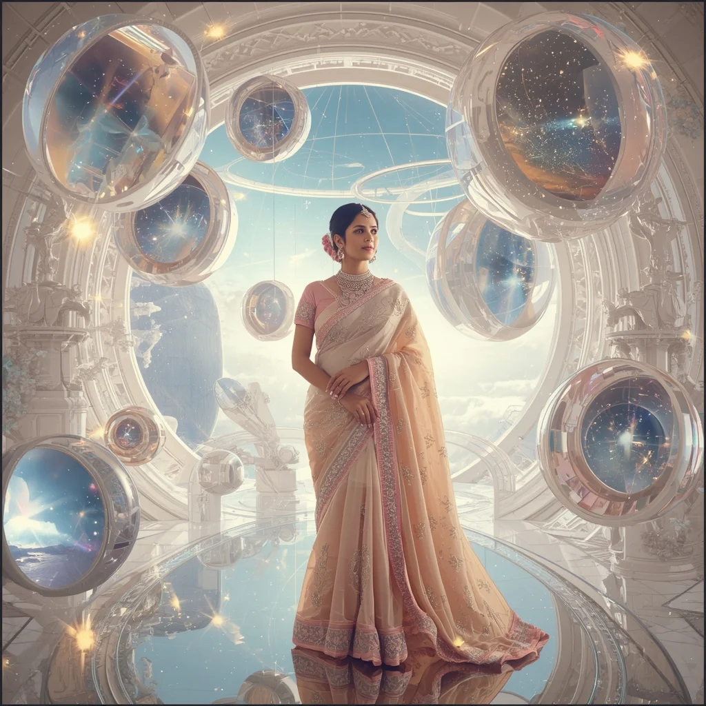 Festive Pastel Saree Celestial Crystal Infinity Observatory Collage Premium | Prompt Seen Girl Photo Editing Trending