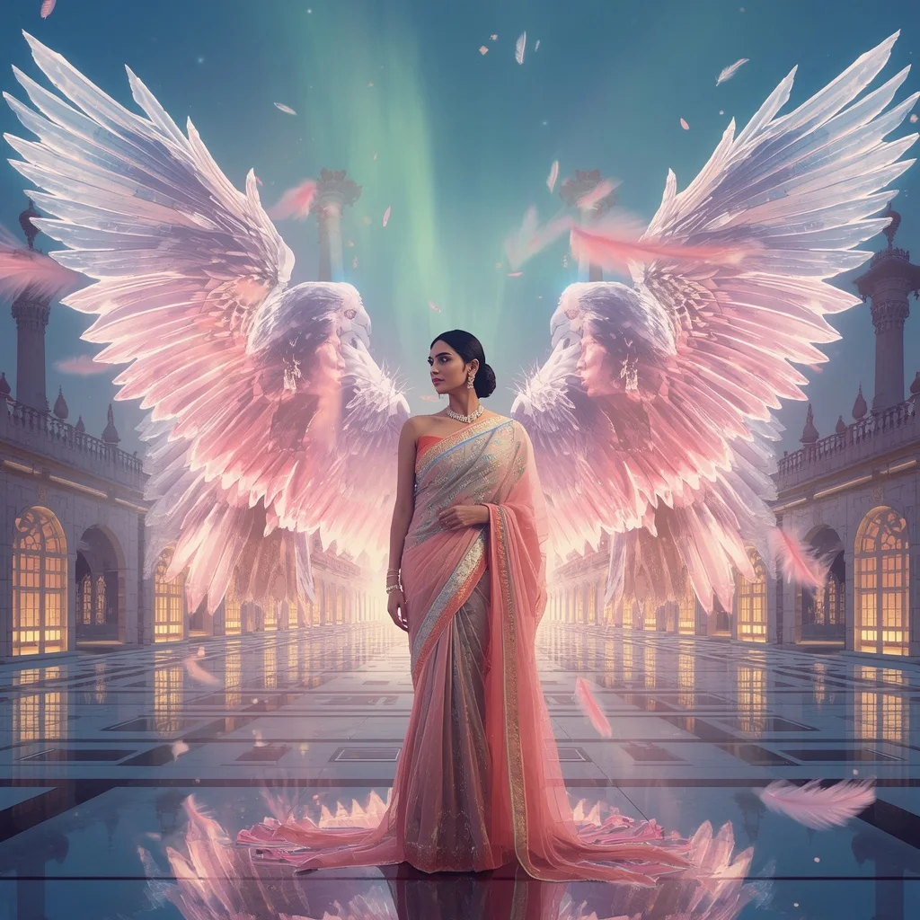 Festive Pastel Saree Celestial Crystal Raven Palace Collage Luxury | Prompt Ai
