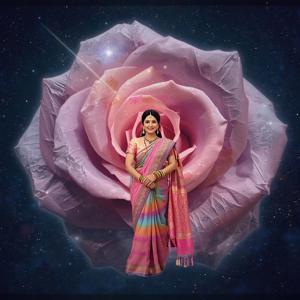 Festive Pastel Saree Celestial Crystal Rose Galaxy Collage Premium | Gemini Ai Photo