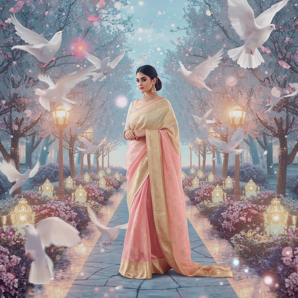 Festive Pastel Saree Celestial Crystal White Dove Sanctuary Collage Premium Editorial | Ai Prompt Generator Free