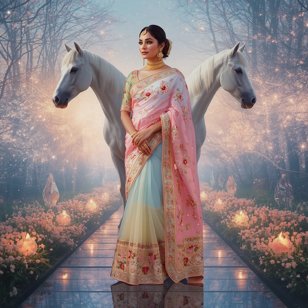 Festive Pastel Saree Celestial Crystal White Horse Sanctuary Collage Premium Editorial | Whatsapp Dp Ai Prompt