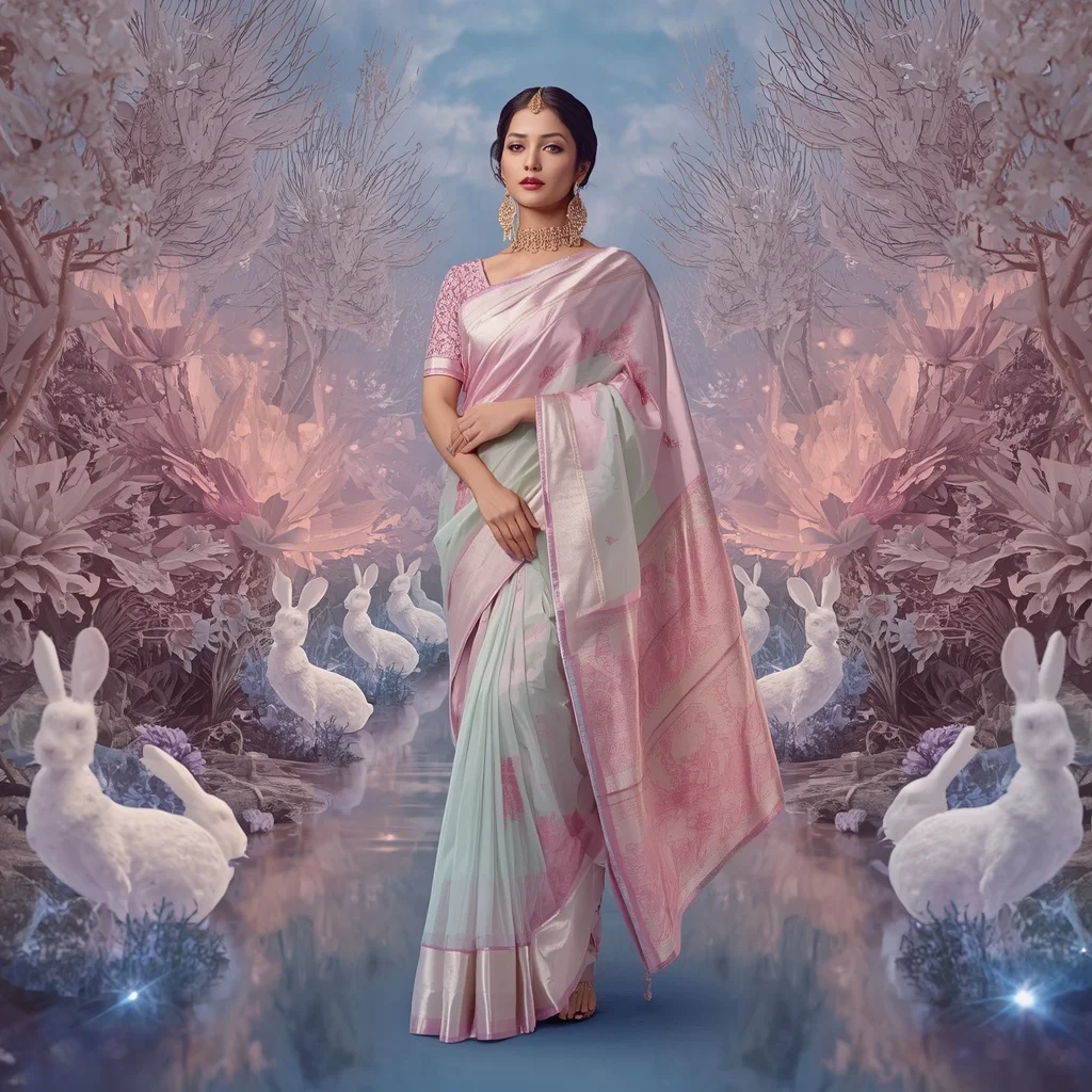 Festive Pastel Saree Celestial Crystal White Rabbit Sanctuary Collage Premium Editorial | Flux Ai Prompt