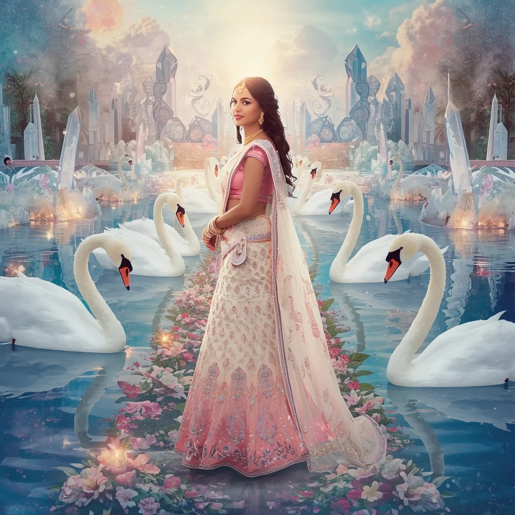 Festive Pastel Saree Celestial Crystal White Swan Kingdom Collage Premium Editorial | Gemini AI Photo Prompt Copy Paste Trending Girl 2026