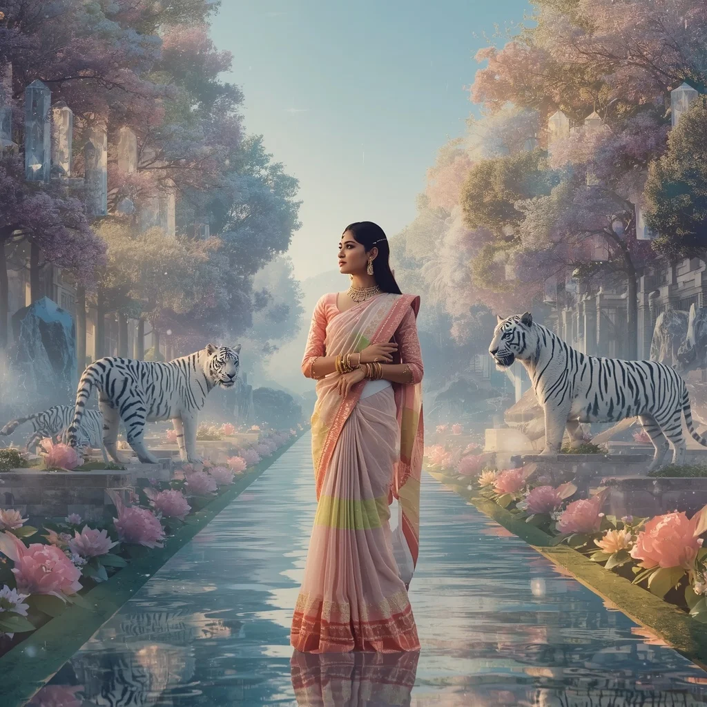 Festive Pastel Saree Celestial Crystal White Tiger Palace Sanctuary Collage Premium Editorial | Grok Ai Prompt