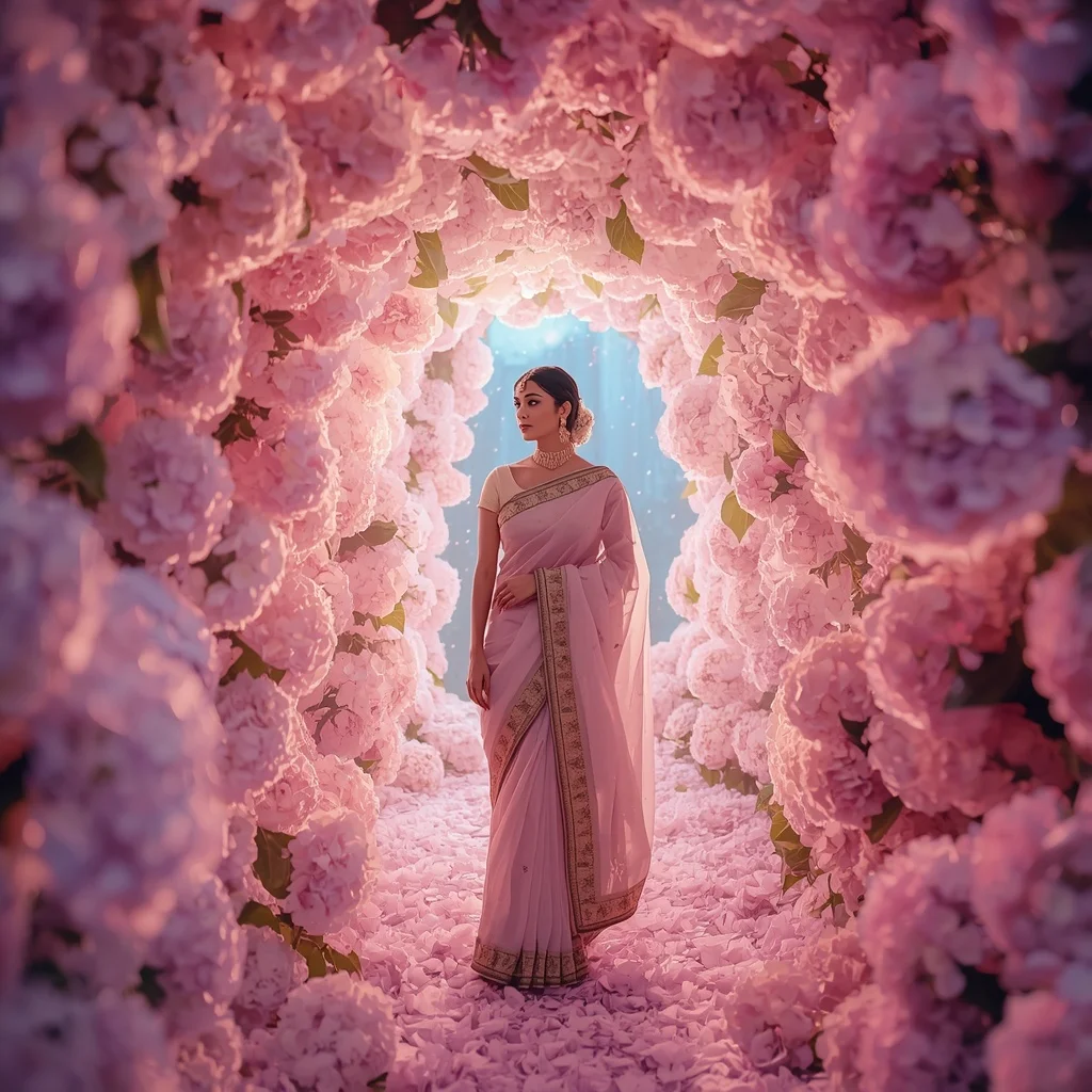 Festive Pastel Saree Celestial Hydrangea Aurora Palace Collage Luxury | New Instagram Trend Prompt For Girl Aesthetic
