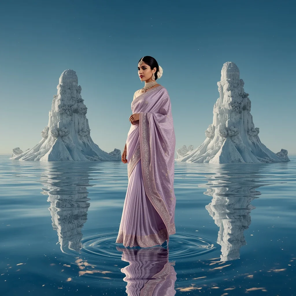 Festive Pastel Saree Celestial Mirror Ocean Crown Collage | Indian Girl Ai Prompt