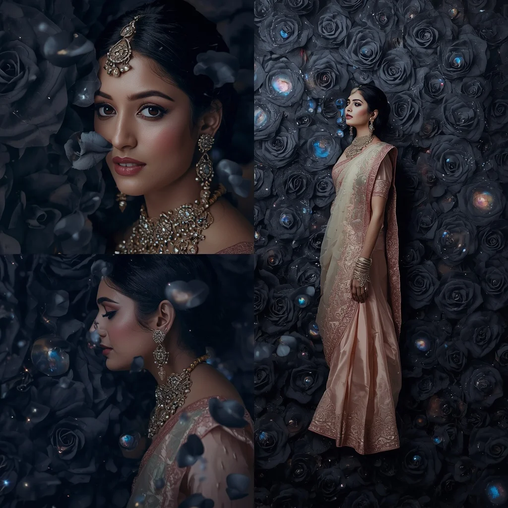 Festive Pastel Saree Celestial Obsidian Rose Galaxy Collage | Desi Girl Ai Prompt