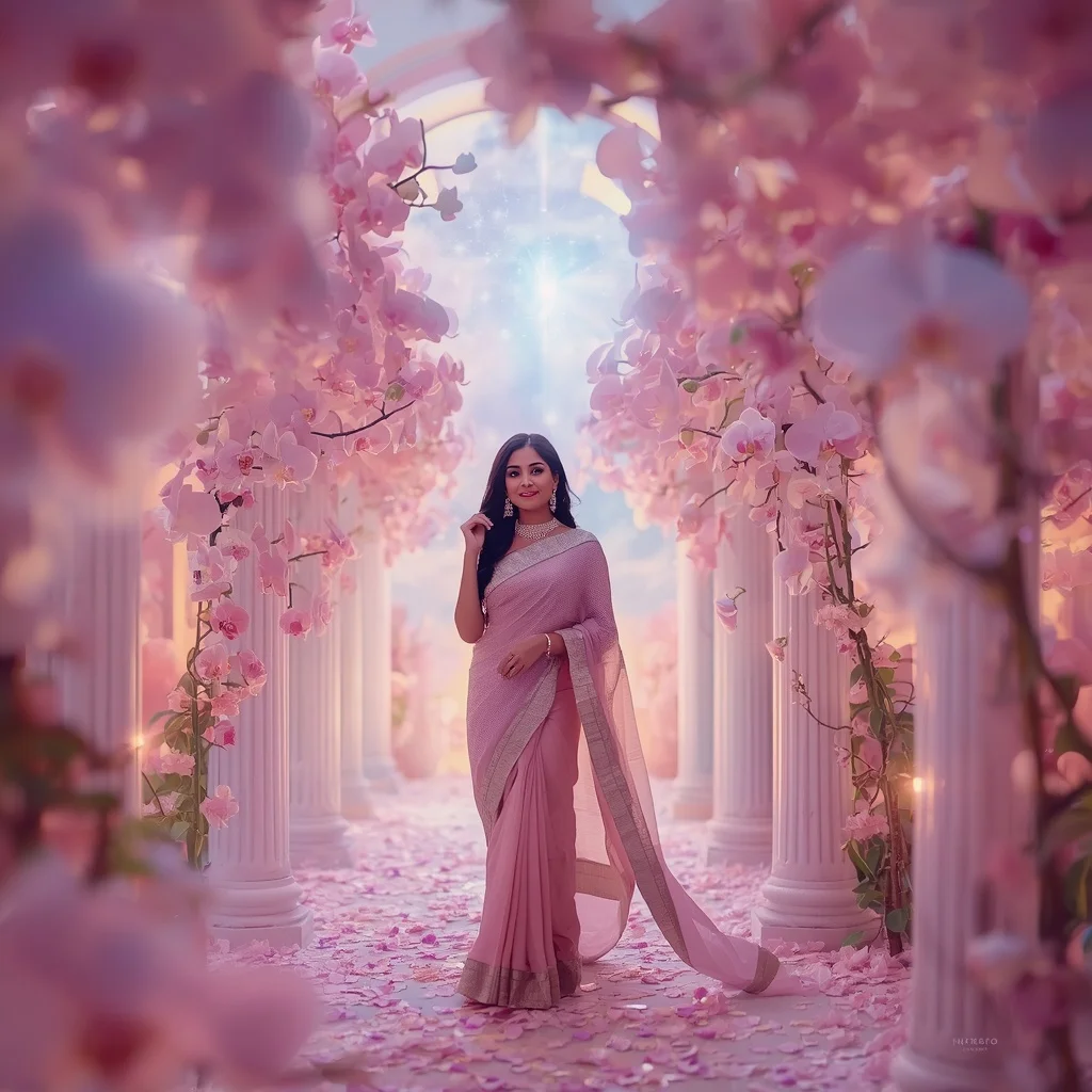 Festive Pastel Saree Celestial Orchid Aurora Palace Collage Luxury | Gemini Ai Photo