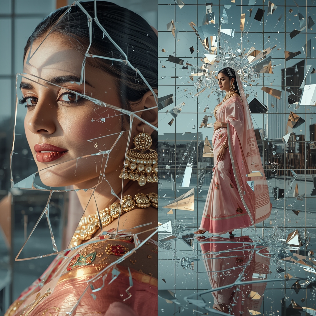 Festive Pastel Saree Celestial Reflection Grid Break Collage | System Disruption Luxury Prompt | Saree Prompt For Women