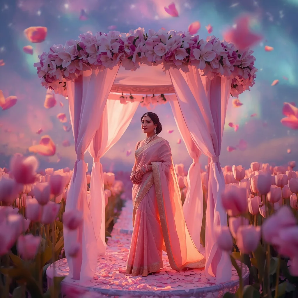 Festive Pastel Saree Celestial Tulip Aurora Pavilion Collage Luxury | Trending Prompt In Instagram Ai Photo Girls