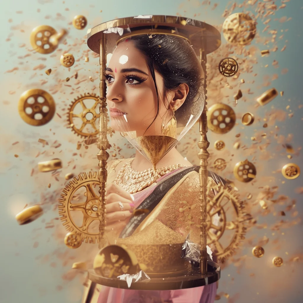 Festive Pastel Saree Clockwork Hourglass Sandstorm Collage | Time Weaver Premium Prompt | Saree Aesthetic Ai Prompt For Pinterest