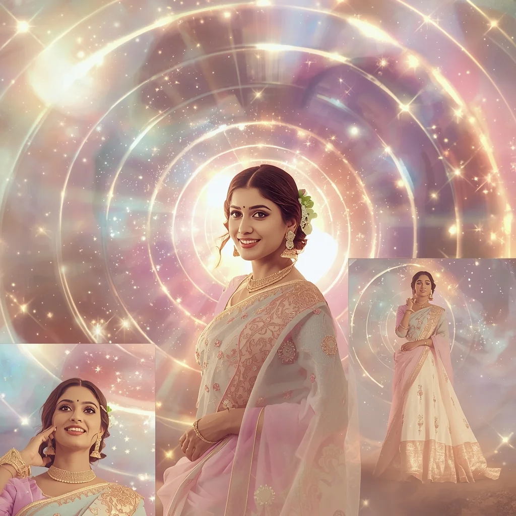 Festive Pastel Saree Cosmic Bloom Collage | Indian Girl Galaxy Glow Aesthetic Soft Cinematic Viral Prompt | Saree Pose Ai Prompt