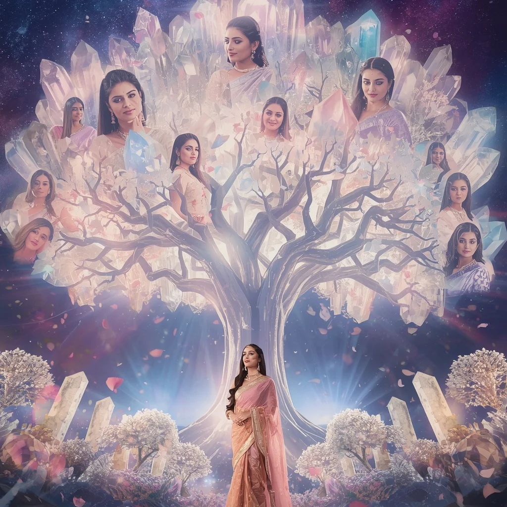 Festive Pastel Saree Cosmic Crystal Tree Of Eternity Collage Premium | Prompt Ai