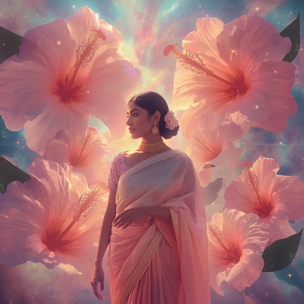 Festive Pastel Saree Cosmic Hibiscus Nebula Garden Collage Modern Cinematic | Prompt Seen Girl