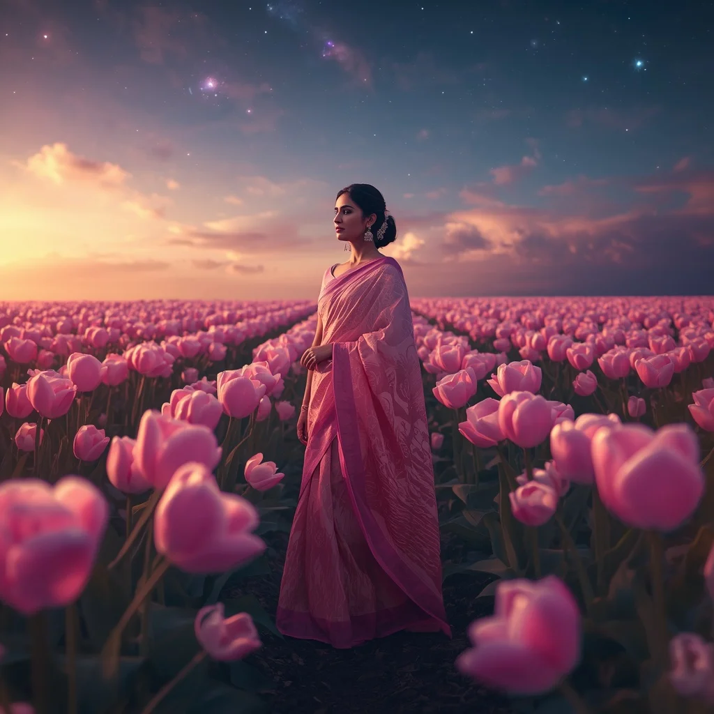 Festive Pastel Saree Cosmic Star Tulip Valley Collage Modern Cinematic | Prompt For Girl Photo Editing