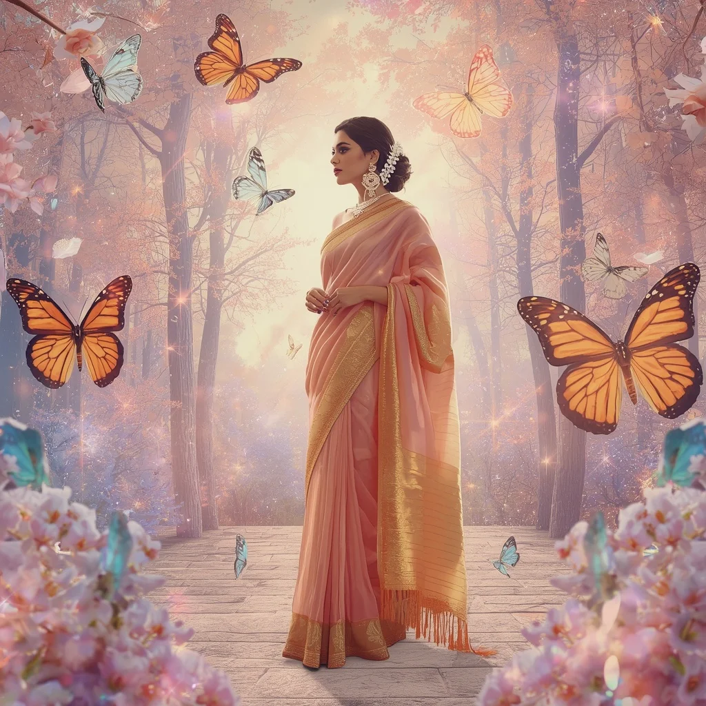 Festive Pastel Saree Crystal Aurora Butterfly Kingdom Collage Premium Masterpiece | Woman Pose Ai Prompt
