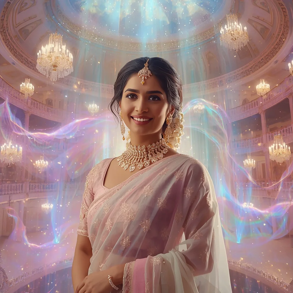Festive Pastel Saree Crystal Aurora Celestial Theater Collage Premium Cinematic | Influencers Ai Prompt